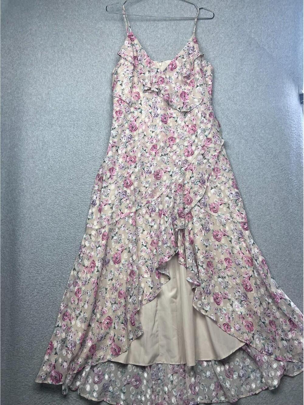 Express Dress Womens L Floral Ruffle High Low Maxi Wedding Cottagecore Fairy